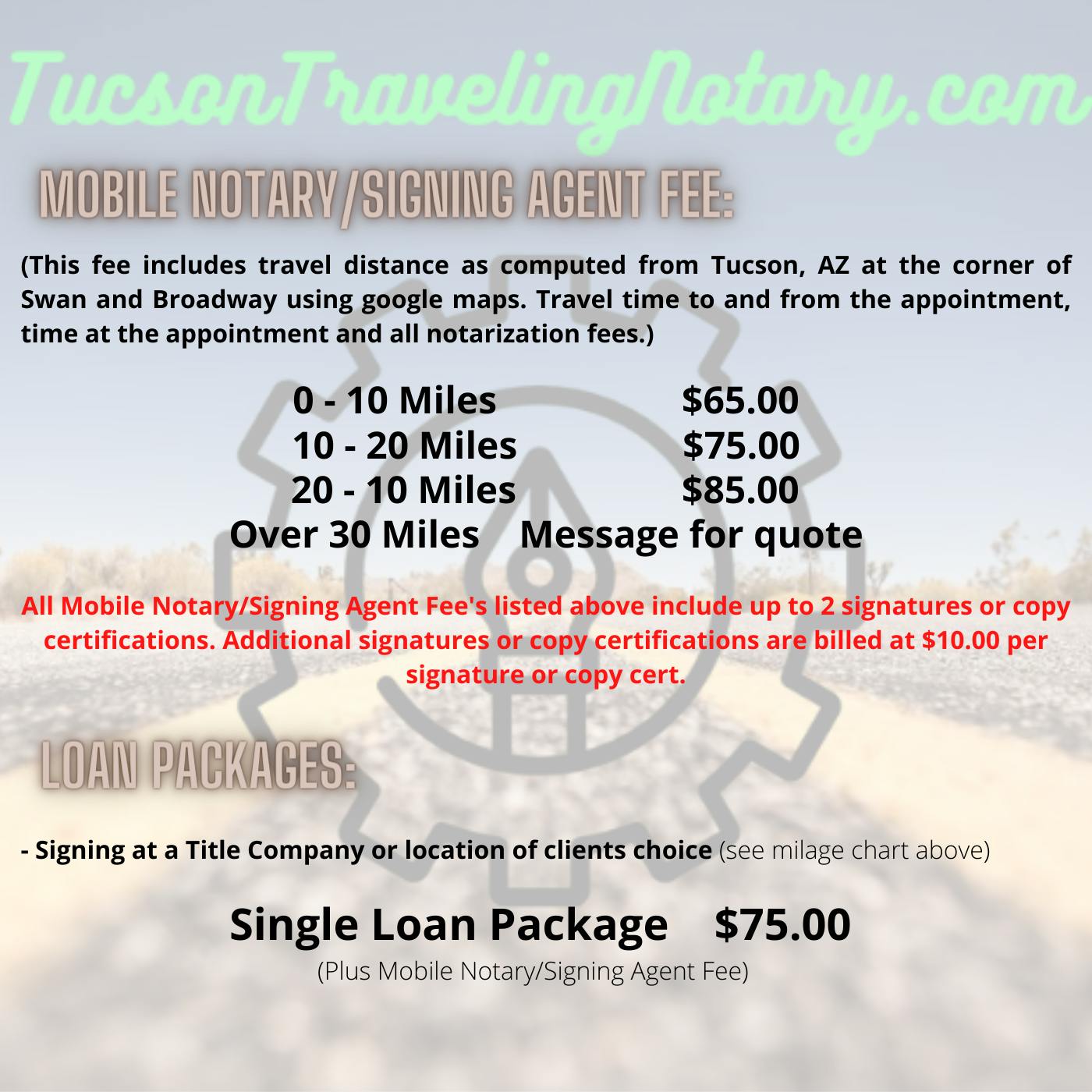How much can a mobile notary charge in Tucson? Pricing sheet for mobile notary near me Tucson services